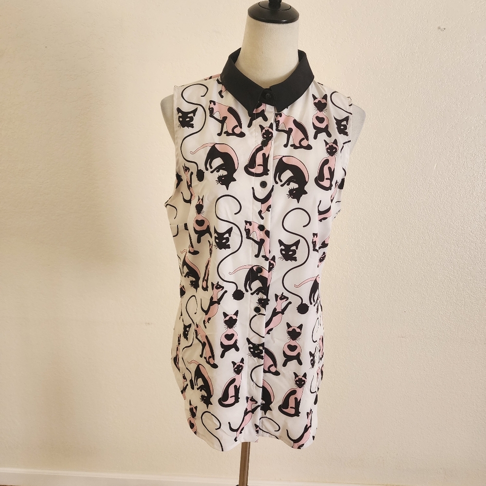 Blackmilk Black and Pink Cat Print Sleeveless Top
